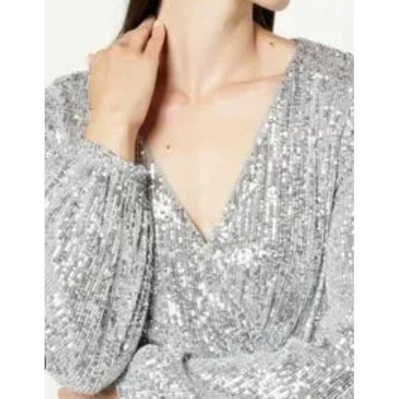 Sequin V Neck Top Women's Large Silver Long Balloon Sleeve Holiday Party NWT - Picture 1 of 6